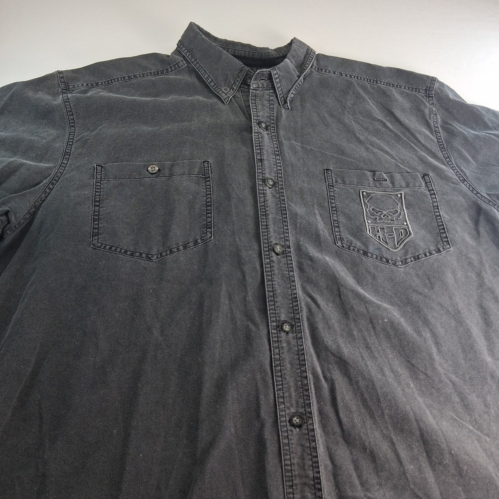 Harley-Davidson Men's Gray Black Twill Cotton Short Sleeve Button-Up Shirt 2XL
